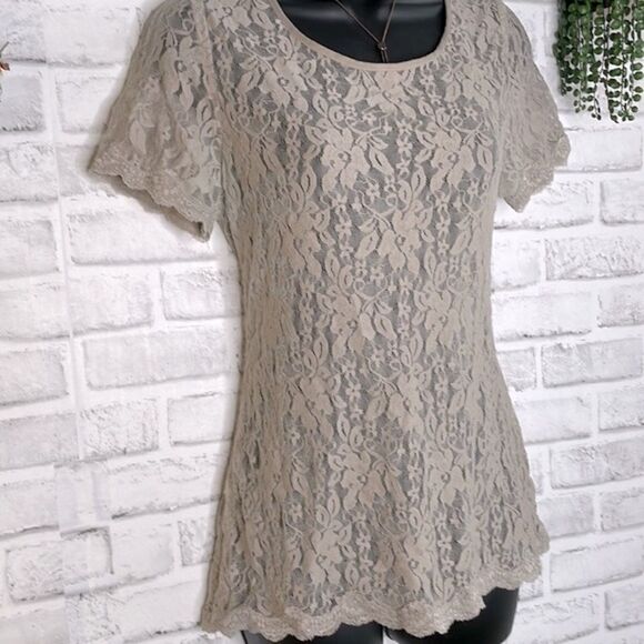 Express All Over Lace Khaki Top Short Sleeve Blouse - Picture 3 of 7